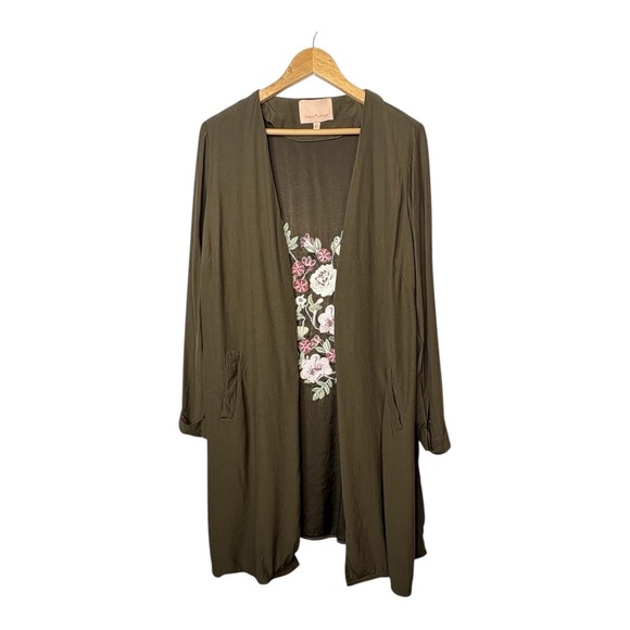 Gibson Latimer Olive Green Embroidered Floral Duster Cardigan Women Plus Size 1X - Picture 2 of 10